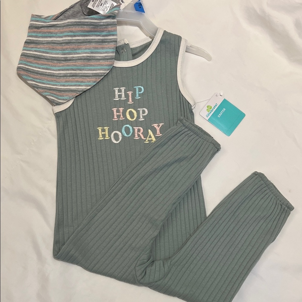 “🩷Bundle 4/$19” Easter 24m Green Ribbed 'Hip Hop Hooray' baby toddler Outfit